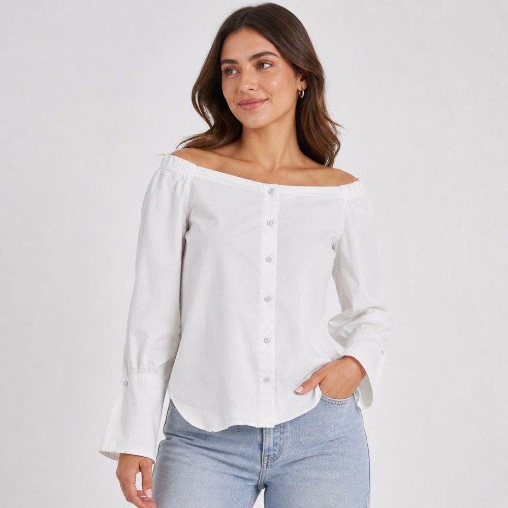 Lagence Button Front Blouse Womens XS White Off Shoulder Minimalist Casual Flowy